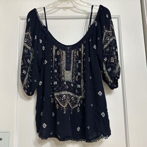 Ecote Blouse, Bohemian, Navy Blue, Off the Shoulder, Flowy, Medium